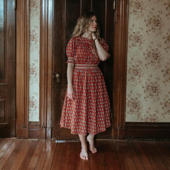 Lali Dresses & Skirts - Lali Eleanor 3-Quarter Cuff Sleeve Smocked Lace Waist Dress, Block Print